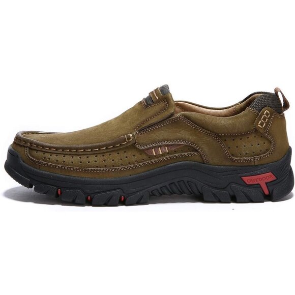 Men's Khaki Slip-on Hiking Shoes Leather Casual Outdoor Walking Sneaker - Picture 2 of 8